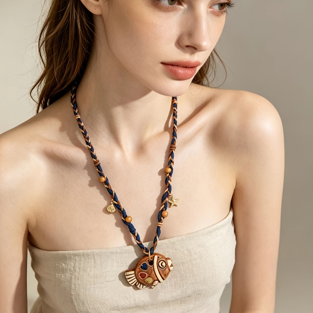 Women's Vintage Bohemian Hand-Woven Ceramic Fish Pendant Necklace
